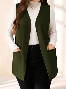 EMERY ROSE Plus Size Solid Color Sleeveless Loose Pocket Simple Casual Jacket,Spring/Summer,Summer,Vacation Woman / Vacation/Winter - Army Green - View 5