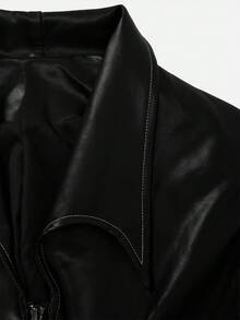 SHEIN Unity 女士哥特朋克风休闲舒适PU皮夹克，腰部收紧设计，适合万圣节角色扮演 - 黑色 - 查看 4