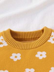 SHEIN Vintaside Kids 女童和幼儿休闲、时尚、可爱卡通花朵毛衣和毛衣+毛衣裤羊毛套装，适合旅行和外出 - 黃色 - 查看 5