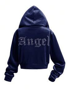 SHEIN Bộ đồ 2 món giản dị thanh lịch dành cho bé gái tuổi mới lớn, áo hoodie nhung đính đá Rhinestone có khóa kéo và quần ống loe ôm - Màu xanh hải quân - Xem 4