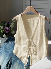 Comfortcana Plus Size Summer Casual Solid Color Sleeveless Shirt With Drawstring Women Sleeveless Tops Linen Tops Women Cotton Tops Women Summer