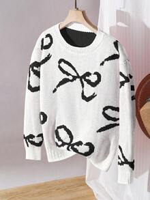 SHEIN 1件女童毛衣，圆领，粉色蝴蝶装饰，常规袖，整齐下摆，中等厚度，粉色到白色渐变针织毛衣，甜美可爱，柔软亲肤上衣，秋冬日常必备 - 黑色 - 查看 3