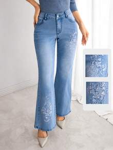 Elenzga 女式刺绣塑形口袋喇叭牛仔裤 - 藍色 - 查看 1