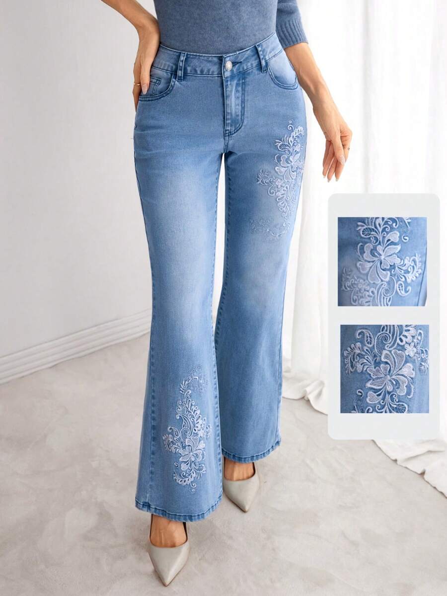 Elenzga 女式刺绣塑形口袋喇叭牛仔裤 - 藍色 - 查看 1