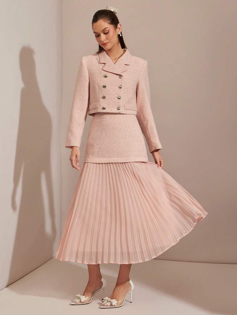 Enchnt Áo khoác blazer ve lệch hai hàng khuy thanh lịch dành cho nữ, mùa thu - Hồng - Xem 1