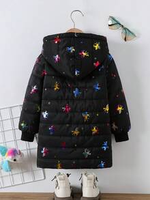 女童休闲黑色彩色独角兽印花绗缝连帽羽绒服，冬季保暖内衬 - 黑色 - 查看 2