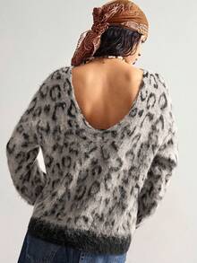 Bohemela 波西米亚风秋冬外套，女士复古红色豹纹不对称肩部宽松针织套头衫V领毛绒毛衣，西部乡村风格音乐会度假装，适合度假、日常穿着、返校季、圣诞节、新年等场合。 - 杏色 - 查看 2