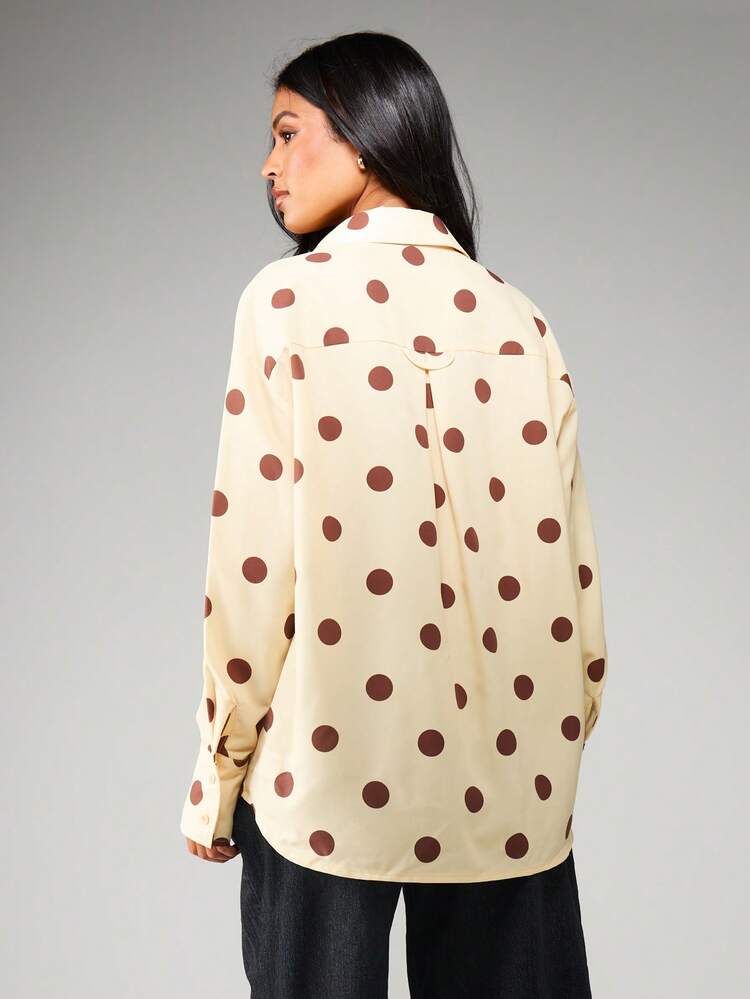 MISSGUIDED Oversized Polka Dot Button Down Blouse Long Sleeve Collared Shirt Casual Spring Summer Fall