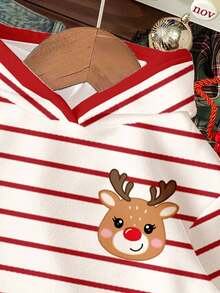 SHEIN Happikins Christmas Burgundy Striped, Cute Christmas Cartoon Reindeer Pattern, Baby Girl Casual Minimalist Thick Warm Soft Sweatshirt, Suitable For Autumn/Winter Daily Wear, New Year, Street Style, Holiday - Multicolor - View 4