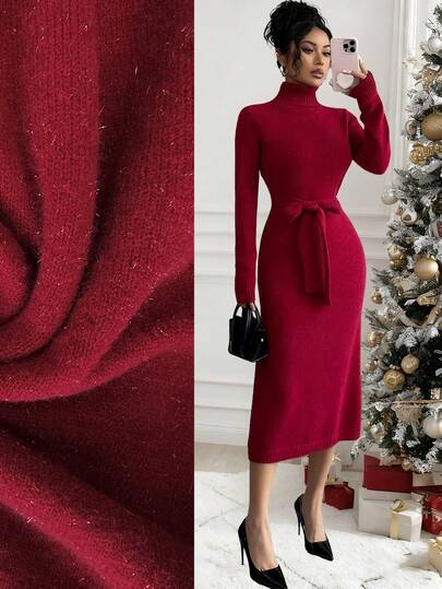 Rafferiza Elegant Lady-Like High Neck Long Sleeve Cinched Waist A-Line Glittery Wine Red Knit Sweater Dress, Autumn/Winter,Winter Dress Women Red Dresses For Women Elegant Dresses For Women New Year Clothes Christmas