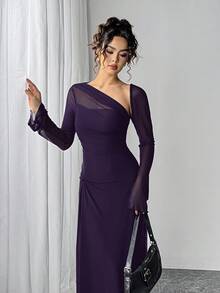 秋季女士网纱修身长袖腰部褶皱不对称领口A字下摆长连衣裙度假吊带裙 - 紫色 - 查看 3