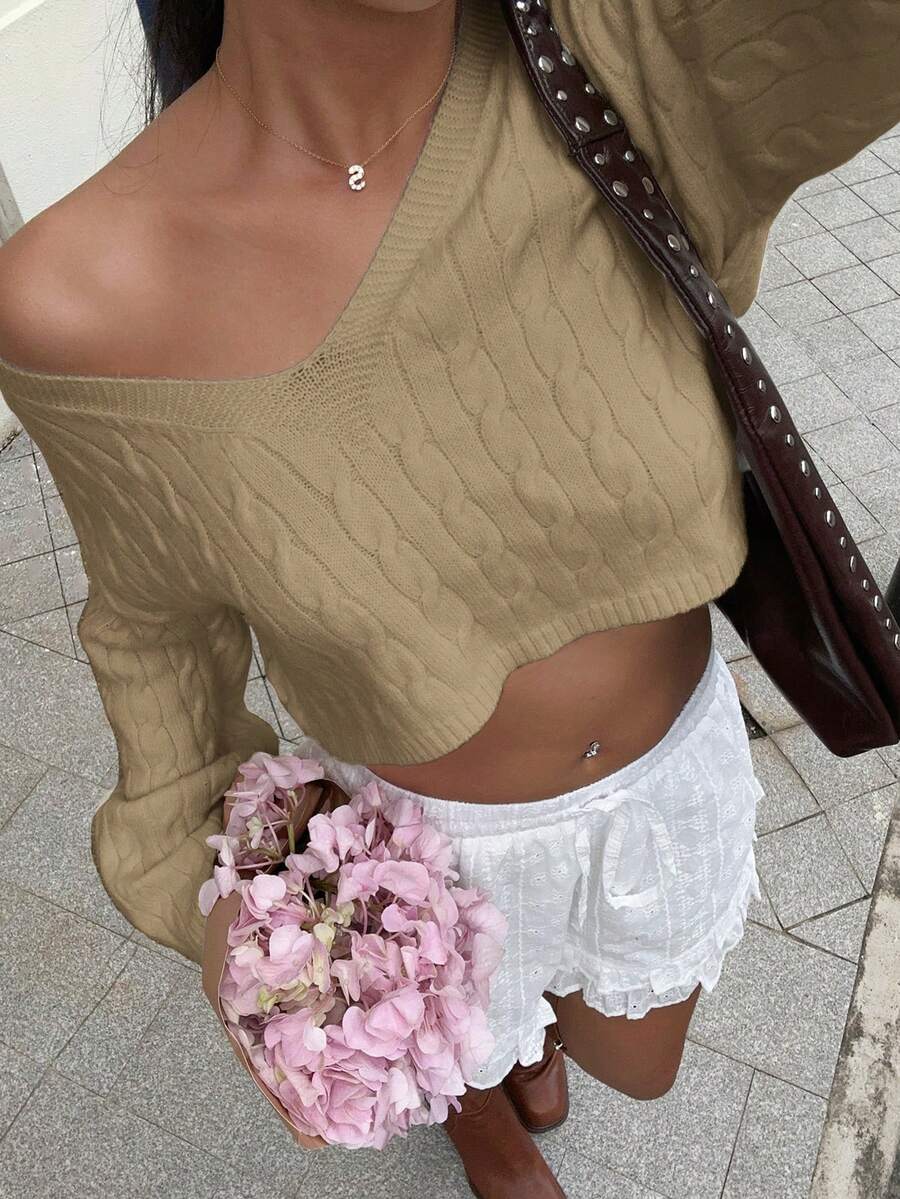 SHEIN Unity 女式性感V领长袖短款扭纹针织毛衣 - 卡其色 - 查看 1