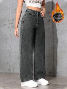 Jeanoix 女式高腰口袋阔腿宽松休闲百搭牛仔裤 - 深灰色 - 查看 6