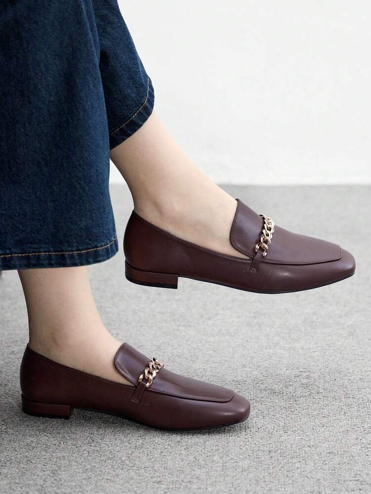 CUCCOO BIZCHIC Women's Square Toe Flat Low Heel New Style Black Comfortable Versatile Slip-On Loafers, Coffee Color Casual Flats, Lightweight For Commuting