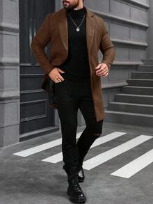 Manfinity Mode Abrigo casual de solapa de un solo pecho de unicolor para hombres, abrigo de vestir de otoño/invierno para hombres, abrigo largo de hombres marrón de otoño e invierno - Marrón - Ver 4