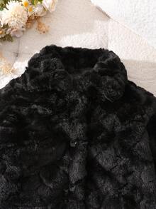 SHEIN Elladie kids Young Girl' Ivory Faux Fur Collar Long Sleeve Jacket, Fashionable, Warm, Versatile, Comfortable Winter Short Coat - Black - View 4