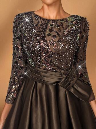 Serin Elegant Luxurious Sheer Long Sleeve Embroidered Lace Floral Bubble Pearl + Diamond Bow Flared Dress, Suitable For Weddings, Parties, Vacations, Galas, Evening Events, Bridal Mother Dresses