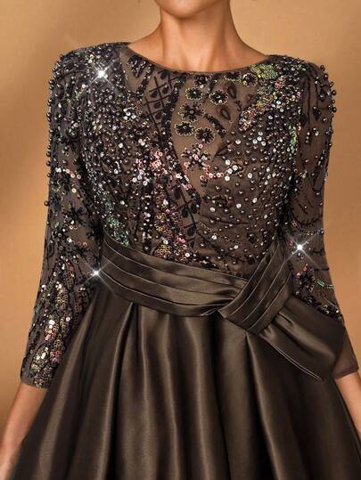 Serin Elegant Lyxig Skir Långärmad Broderad Spets Blommig Bubbelpärla + Diamantrosett Utsvängd Klänning, Lämplig För Bröllop, Fester, Semestrar, Galor, Kvällsevenemang, Brudklänningar för Mamma