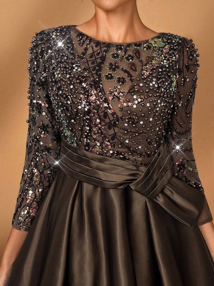 Serin 优雅奢华的薄纱长袖刺绣蕾丝花朵泡泡珍珠蝴蝶结喇叭连衣裙，适合婚礼、派对、度假、盛大晚宴、晚间活动、新娘母亲礼服、情人节等场合。 - 咖啡棕 - 查看 1