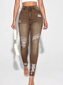 EMERY ROSE Blugi de damă cu talie înaltă, buzunare, skinny, casual, versatile, blugi de damă, maro, jeggings, pantaloni Western pentru femei, mărime plus - cafea maro - Vizualizare 4