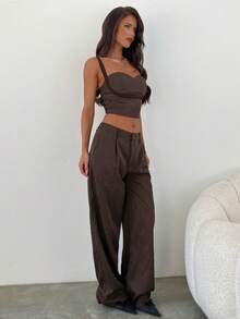 Aloruh 女士秋冬新款商务套装，棕色条纹吊带背心和棕色条纹西装裤两件套，适合通勤、办公室、正式场合 - 棕色 - 查看 5