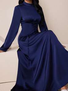 Veilorie Women's Solid Color Stand Collar Long Sleeve Waist Tie Design Elegant Arabic Dress - Blue - View 7