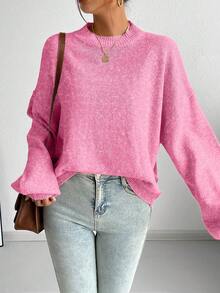 Chiquease Casual French Style Loose Fit Crew Neck Long Sleeve Knit Sweater, Versatile For Autumn/Winter - Hot Pink - View 4