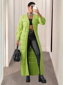 Slaydiva 2025大码女装冬装纯色镂空扭纹长款开衫毛衣外套，适合圣诞节毛衣/舒适女士秋冬装/新年服装/商务装/女士优雅上衣/通勤机场装/女士感恩节装/日常装/街头风 - 綠色 - 查看 9