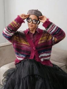 Slaydiva Veslaya 2025 Preppy Stil Neue V-Ausschnitt Burgunder gestreifte Farbblock Distressed Langarm Große Größen Strickjacke, geeignet für Herbst Winter, Basic, Lässig, Party, Straße, Musikfestival, Flughafen Karamell Kern - Verschiedenfarbig - Übersicht 7