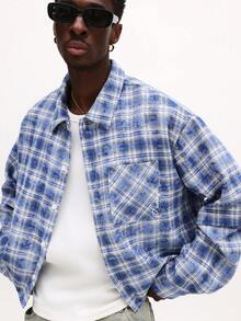 SUMWON Crop Fit Button Down Plaid Shirt With Chest Pocket Long Sleeve Casual Flannel Top