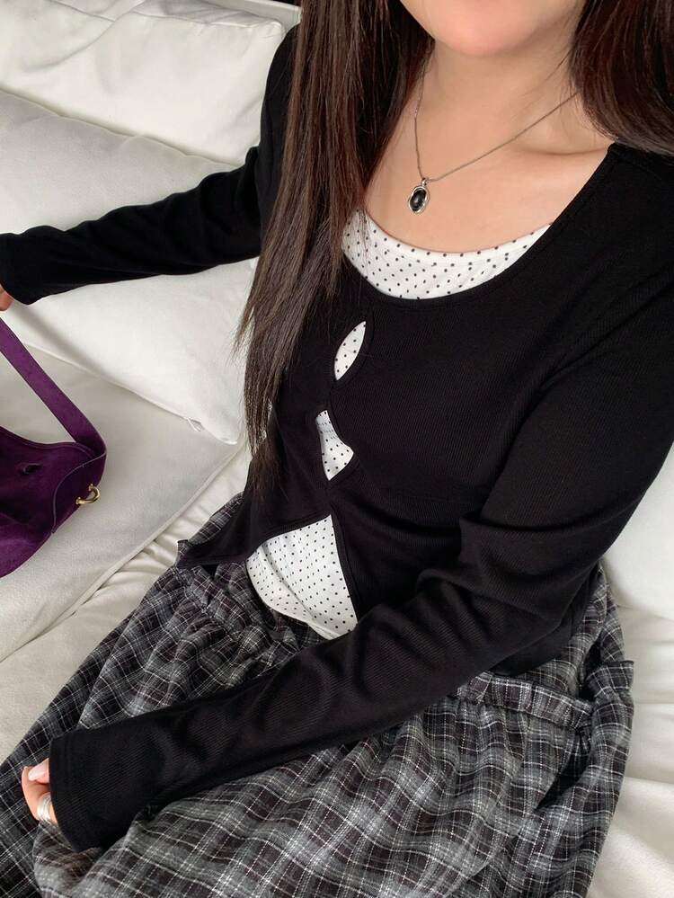 Dazy Plus Color Block Polka Dot 2 In 1 Round Neck Casual Long Sleeve Plus Size Women T-Shirt, Spring/Autumn