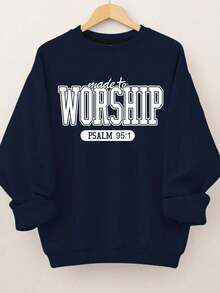 EMERY ROSE Sweatshirt Pullover Kasual Olahraga Wanita Ukuran Besar dengan Motif Huruf dan Kerah Bulat, Cocok untuk Musim Gugur dan Musim Dingin - Navy Blue - View 1