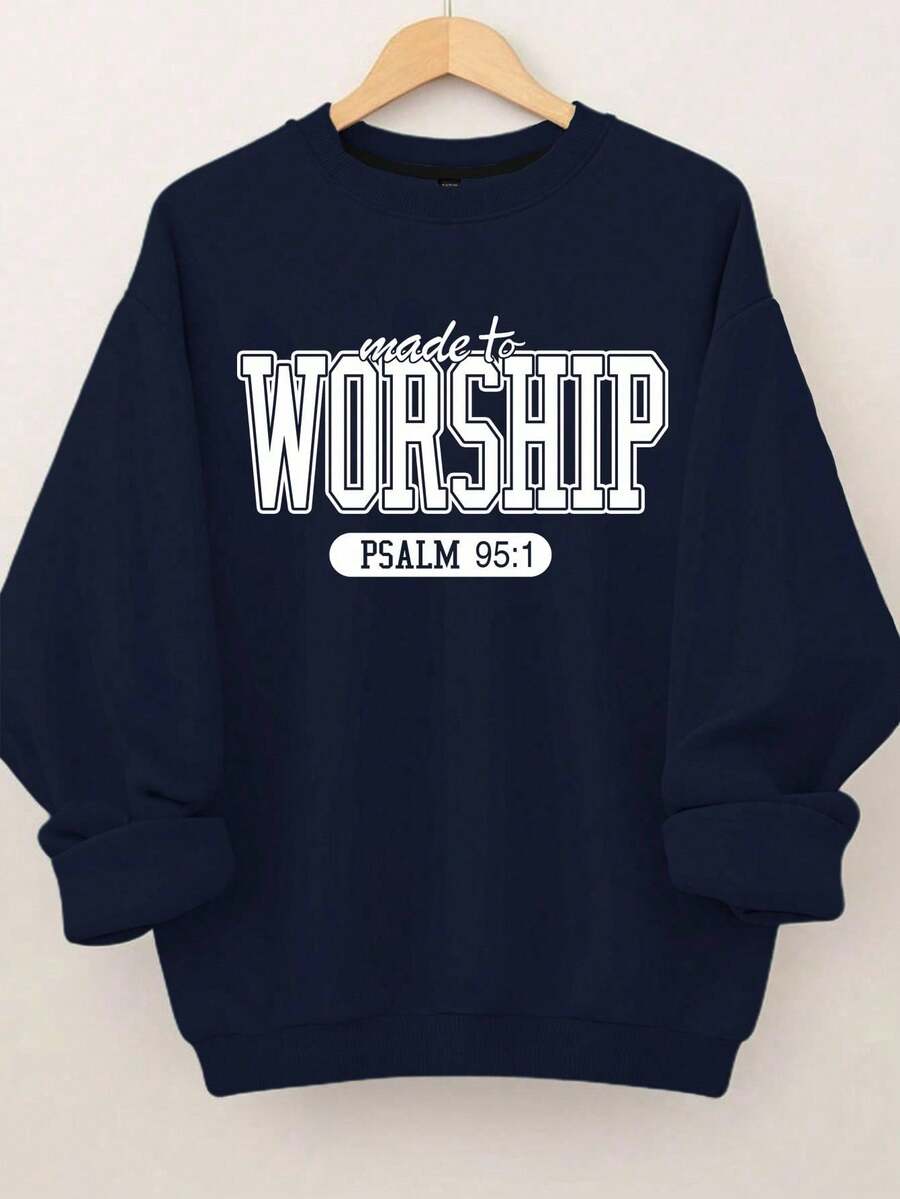 EMERY ROSE Sweatshirt Pullover Kasual Olahraga Wanita Ukuran Besar dengan Motif Huruf dan Kerah Bulat, Cocok untuk Musim Gugur dan Musim Dingin - Navy Blue - View 1