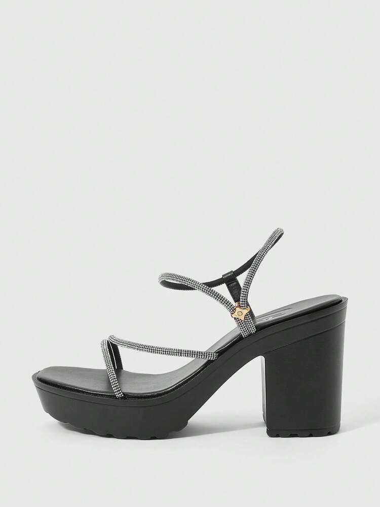 CUCCOO SZL Women's Rhinestone Embellished Thick Sole High Heel Mule Sandals