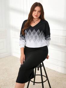 EMERY ROSE Plus Size Women Casual Ombre Rhombus Print V-Neck Loose Sweatshirt And Sleeveless Dress 2 Piece Set, Elegant Dresses For Women, Plus Size Office Wear, Casual Dresses  2 Piece Set For Women, Autumn/Winter,2025 New