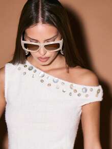 KIZN 露肩针织上衣，领口饰有金属铆钉，适合夏季节日场合 - 杏色 - 查看 4