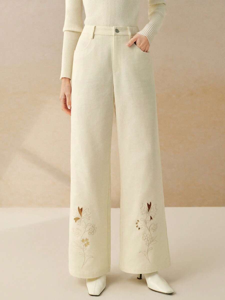 Cévolie 女式米色激光镂空口袋细节裤 - 米色 - 查看 1