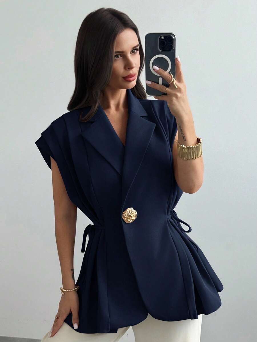 Firerie 女士新款休闲优雅百搭金属纽扣亚麻海军蓝薄款西装外套/仿亚麻西装外套/褶皱领带上衣/商务休闲女装/女士教师装/女士复古服装/秋冬女士办公室服装 - 藏蓝色 - 查看 1