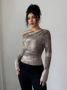 Elenzga Casual Autumn Tie Dye Textured Oblique Shoulder Ruched Long Sleeve Elegant T-Shirt - Brown - View 6
