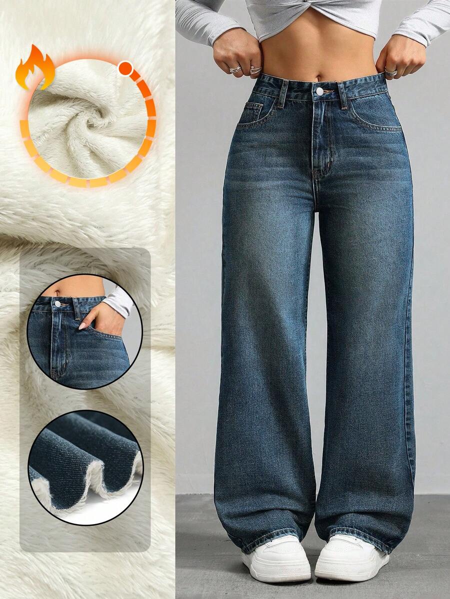 SHEIN ICON 秋冬大码口袋保暖内衬复古牛仔裤