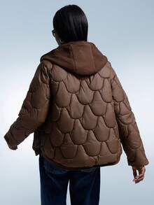 GENKIRA Áo khoác trùm đầu có mũ trùm đầu dáng dài màu cà phê họa tiết hình học gợn sóng trơn màu thu/đông thiết kế mới cho nữ - Cà phê nâu - Xem 2