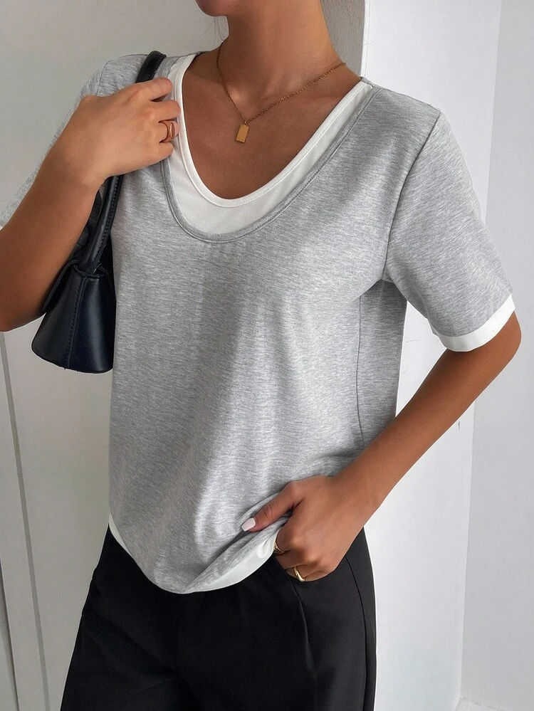 Women's Summer Grey Short Sleeve Casual Regular Shoulder Loose Fit T-Shirt