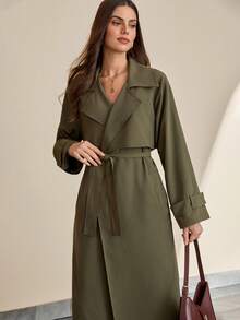 CLARA VERO Women's Green Loose Fit Long Elegant Trench Coat - Army Green - View 6