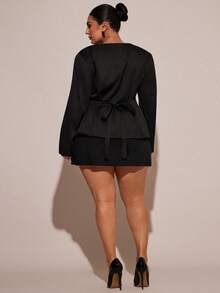 SHEIN BAE Plus Size Elegant Solid Color Blazer & Skirt Suit, Suitable For Commuting - Black - View 2