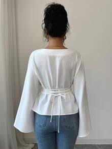 Rafferiza 女士秋冬时尚束腰衬衫，纯色休闲衬衫 - 米色 - 查看 2