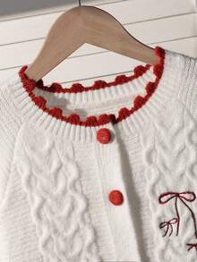 SHEIN Girls Cute Bow Embroidered Twist Rope Knit Cardigan, Long Sleeve Elegant Sweet Style Knitwear For Autumn/Winter - White - View 3