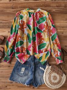 EMERY ROSE 大码女式碎花褶皱袖口圆领衬衫 - 彩色 - 查看 2