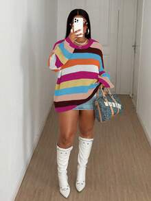 Maweii Plus Size Women Contrast Stripe Hollow Out Round Neck Casual Sweater - Hot Pink - View 3