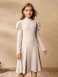 青少年女孩时尚羊腿袖领结连衣裙 - 杏色 - 查看 5