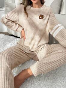 SHEIN 女士舒适罗纹长袖上衣和裤子睡衣套装，休闲家居服可爱泰迪熊睡衣套装长袖家居服套装配套家居服套装秋冬家居服 - 卡其色 - 查看 3